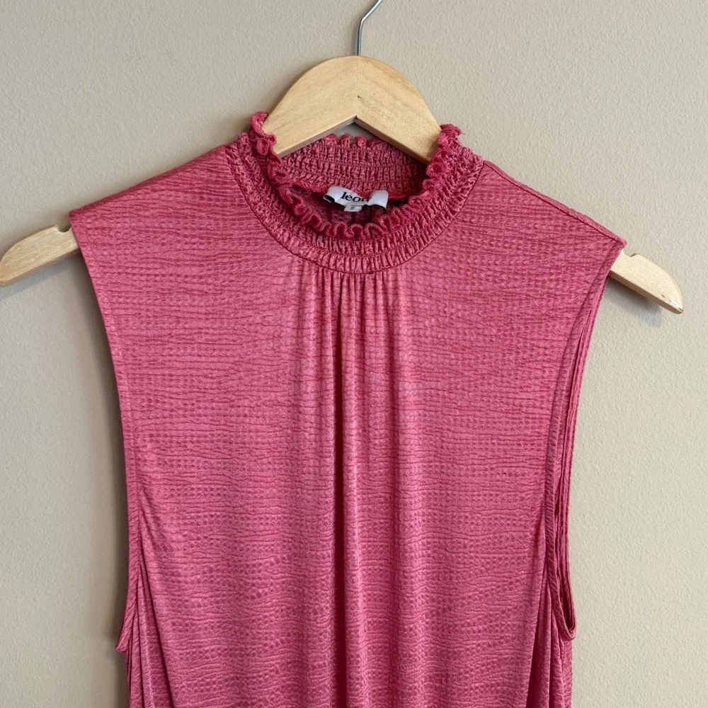 Pink Textured‎ Smocked Waist Sleeveless Ruffle Mock Neck Maxi Dress S